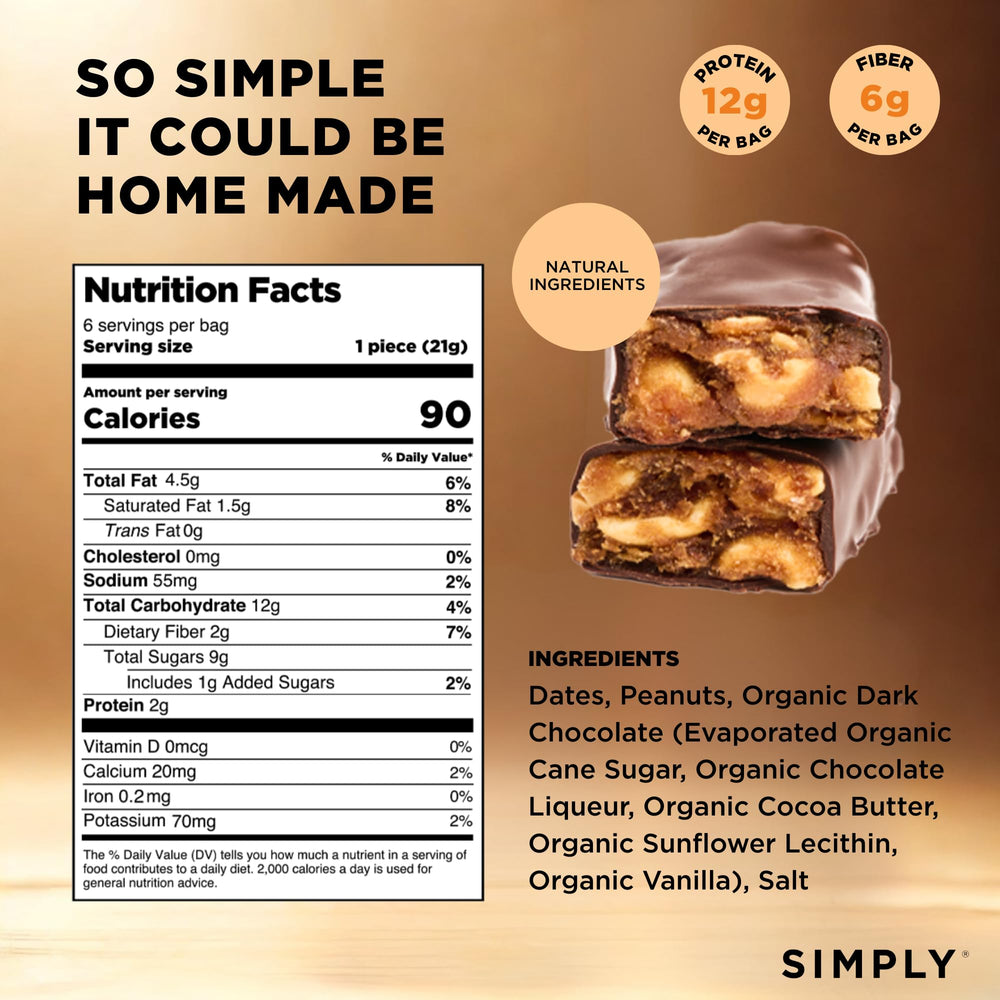 Simply Candy Bars close-up reveals peanuts and dark chocolate texture.