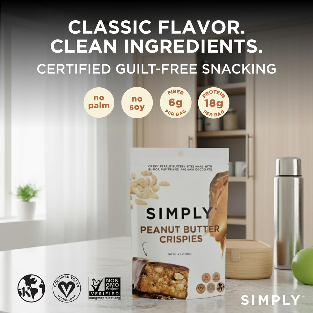 Simply Candy Bars Peanut Butter Crispies serving idea shows a protein-rich snack.