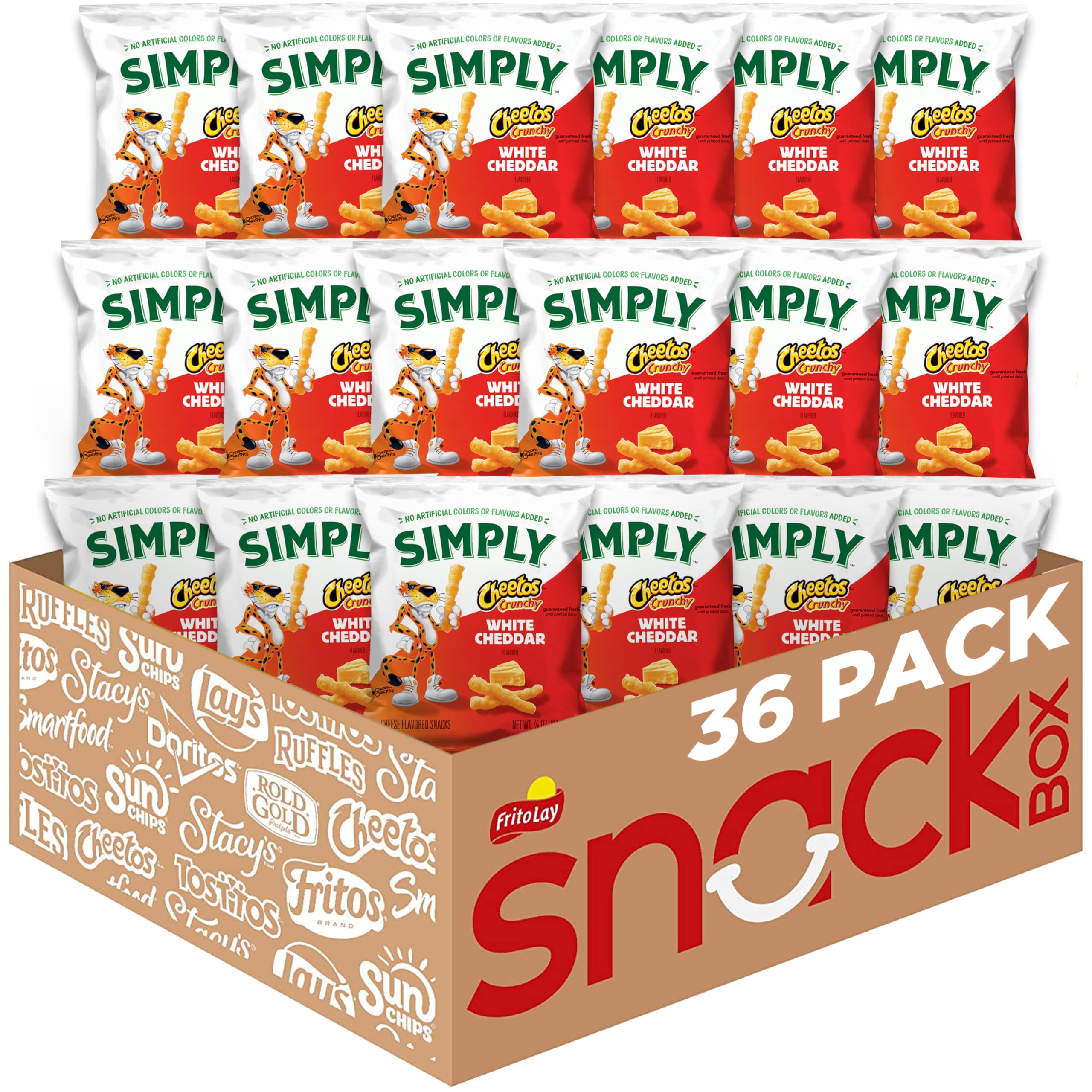 Simply Cheetos Crunchy White Cheddar bags on a shelf for convenient snacking.