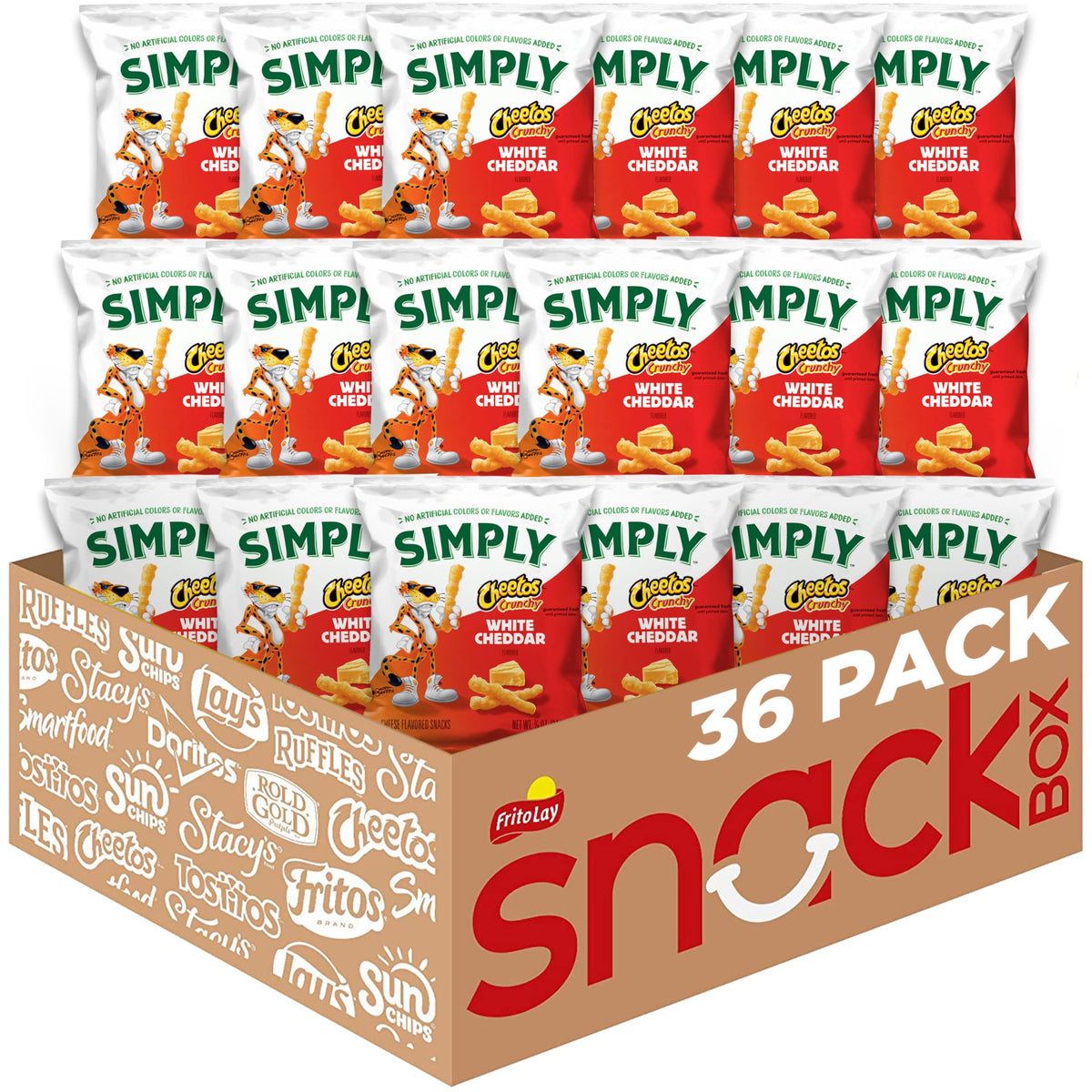 Simply Cheetos Crunchy White Cheddar bags on a shelf for convenient snacking.
