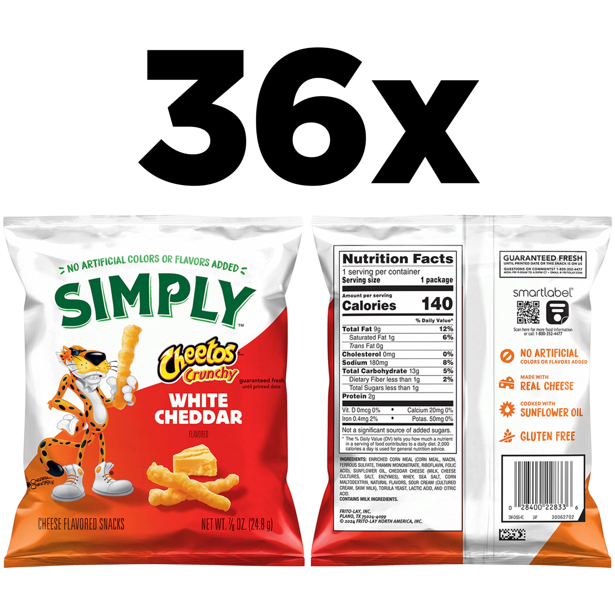 Simply Cheetos Crunchy White Cheddar pack close-up highlighting bold cheddar flavor.