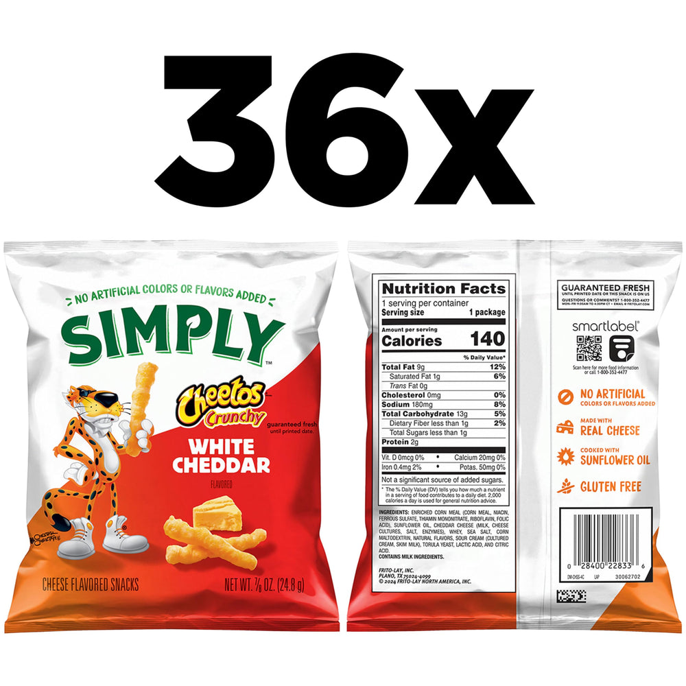 Simply Cheetos Crunchy White Cheddar pack close-up highlighting bold cheddar flavor.