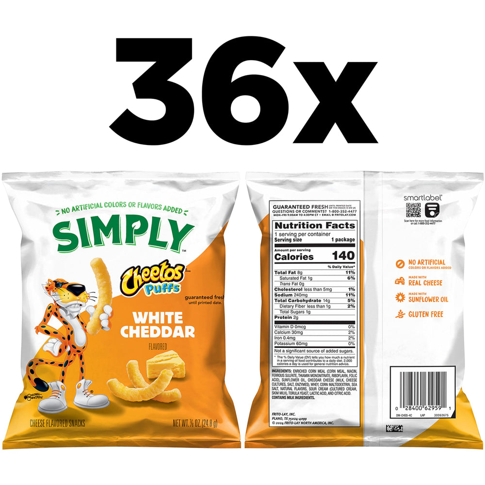 Close-up of Simply Cheetos White Cheddar puffs crunch with real cheese flavor