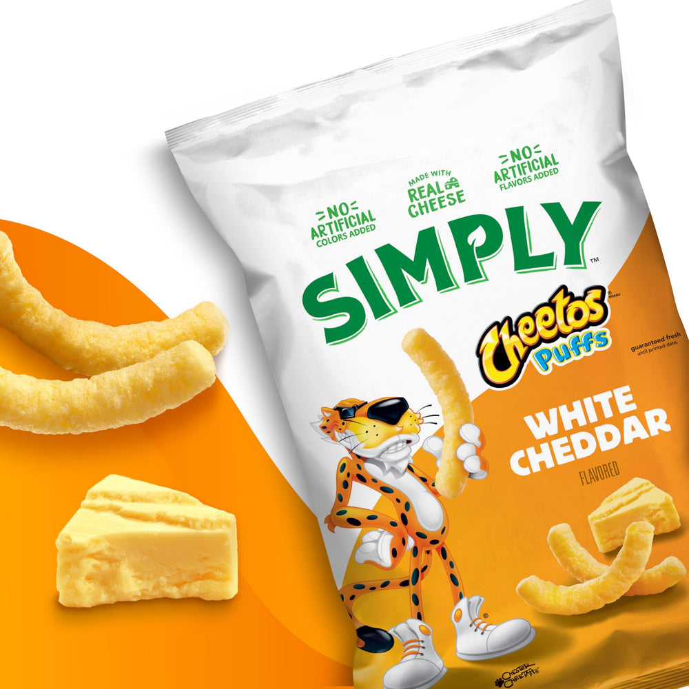 Gluten-free badge visible on Simply Cheetos White Cheddar Puffs packaging