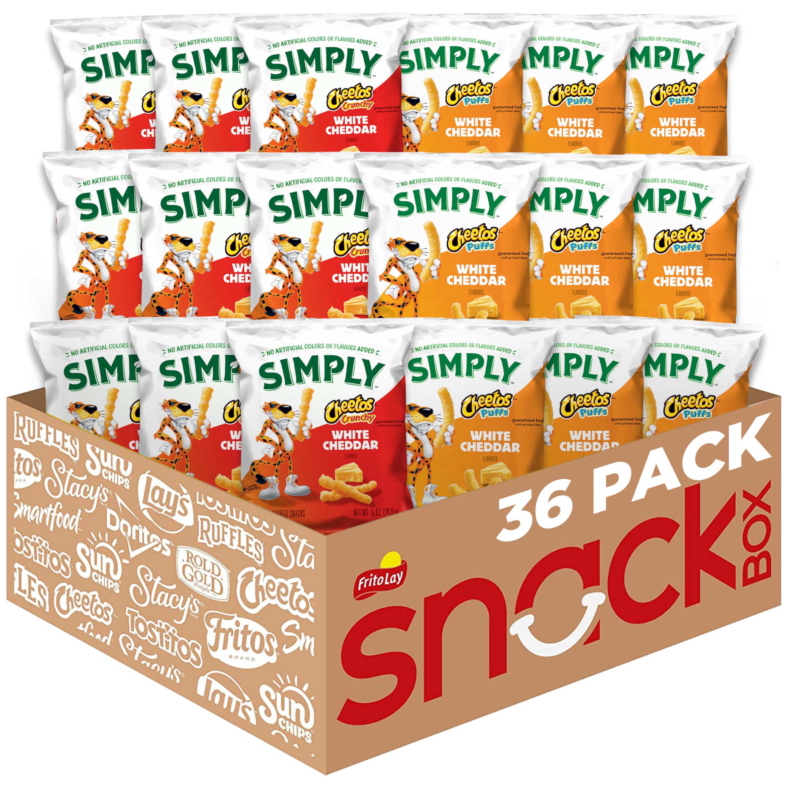 Simply Cheetos White Cheddar Crunchy Variety Pack front view highlighting 36-pack convenience