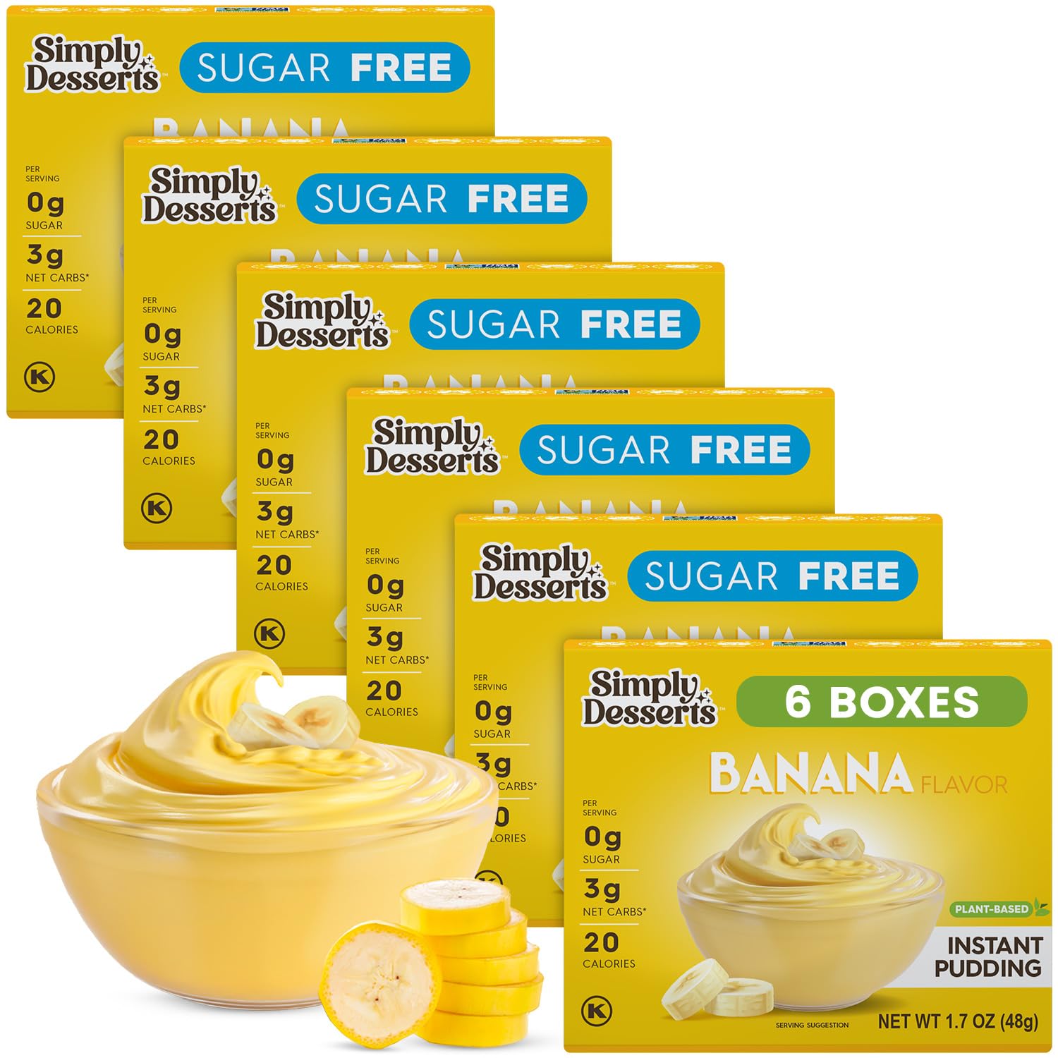 Simply Delish banana instant pudding packaging in a 6-pack, sugar-free dessert option