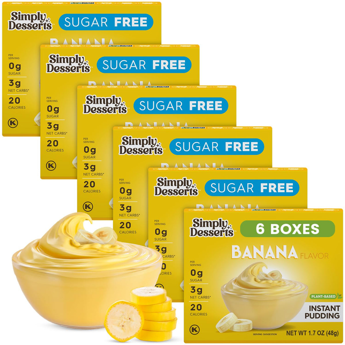 Simply Delish banana instant pudding packaging in a 6-pack, sugar-free dessert option