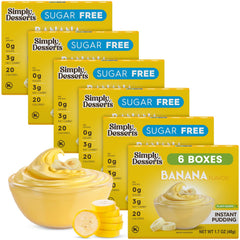 Simply Delish banana instant pudding packaging in a 6-pack, sugar-free dessert option