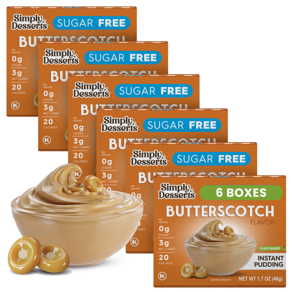 Simply Delish butterscotch pudding pack front shows sugar-free indulgence.