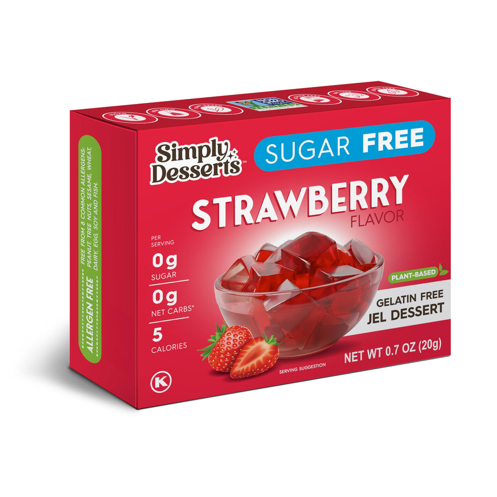 Simply Delish Jel Dessert Strawberry box, a vegan, sugar-free treat.