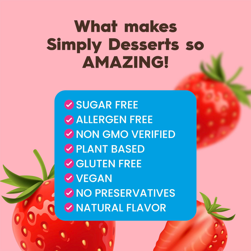 Simply Delish Jel Dessert Strawberry ingredients highlight vegan, Non-GMO, kosher options.