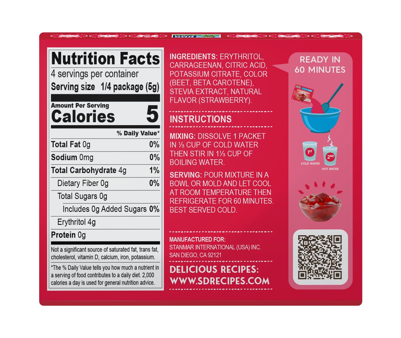 Simply Delish Jel Dessert Strawberry packet, ready to mix for a quick, guilt-free dessert.