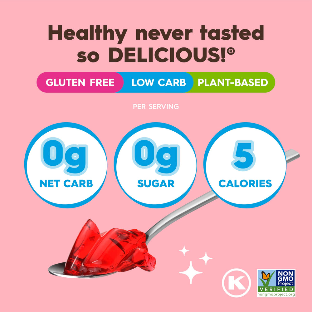 Simply Delish Jel Dessert Strawberry texture close-up shows a glossy, inviting gel.