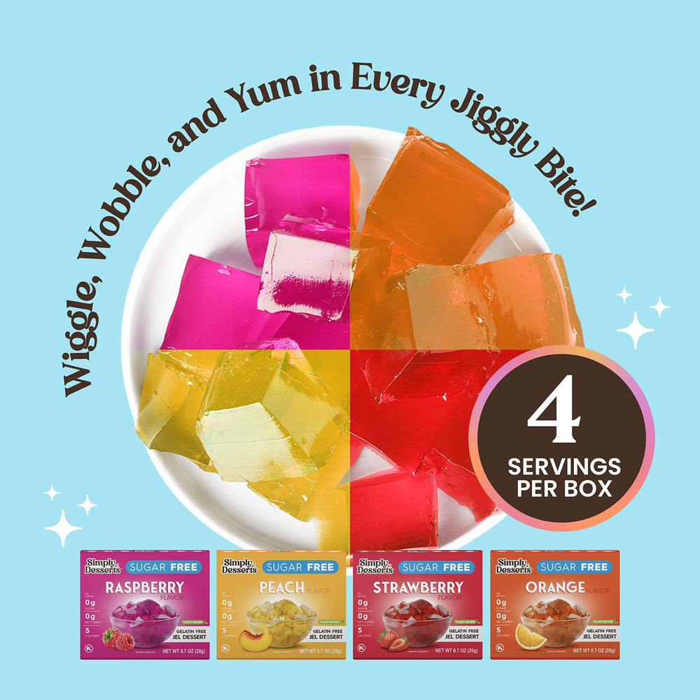 Simply Delish Jel packets dissolving in water for quick prep.