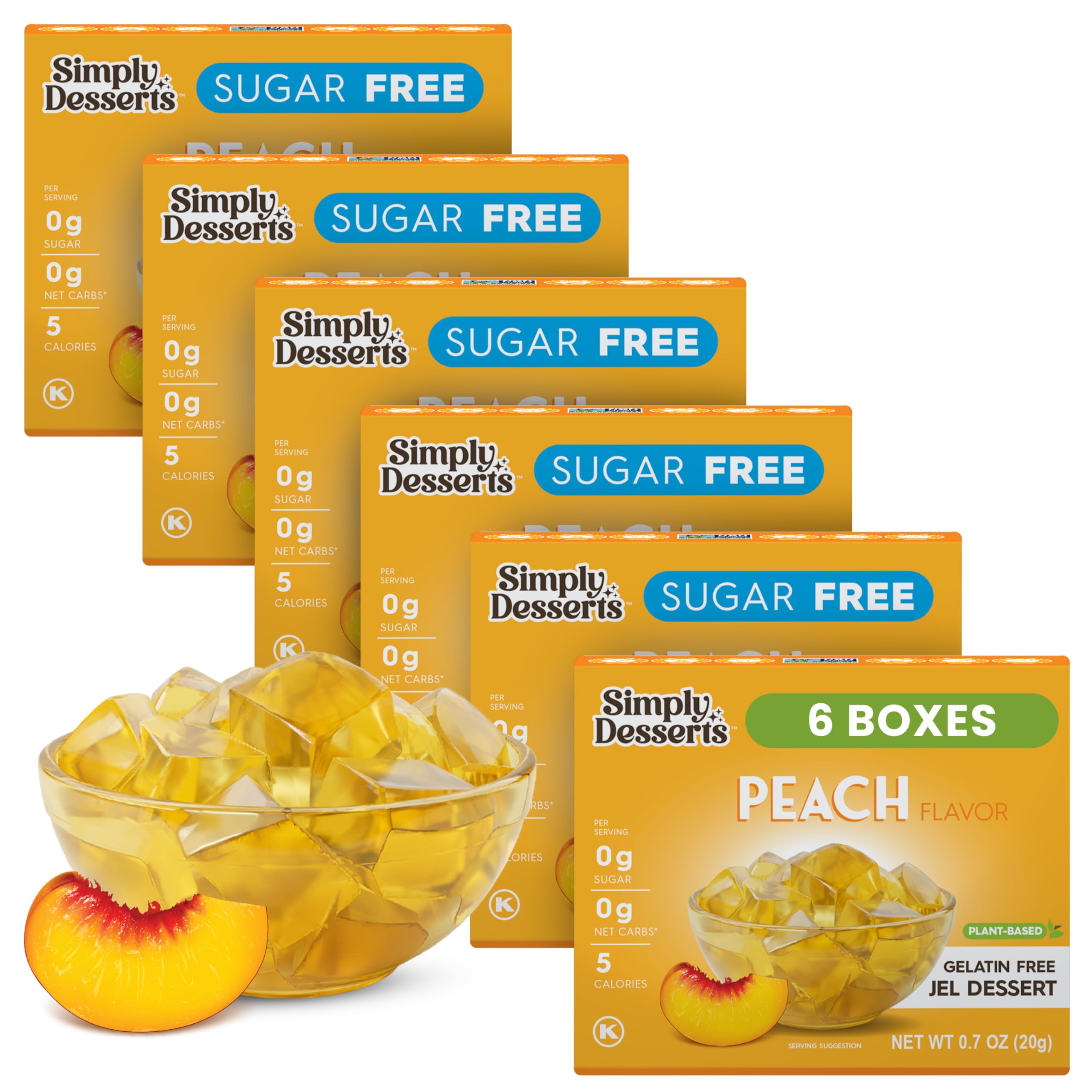 Simply Delish Peach Jel 6-pack front view, convenient plant-based dessert option