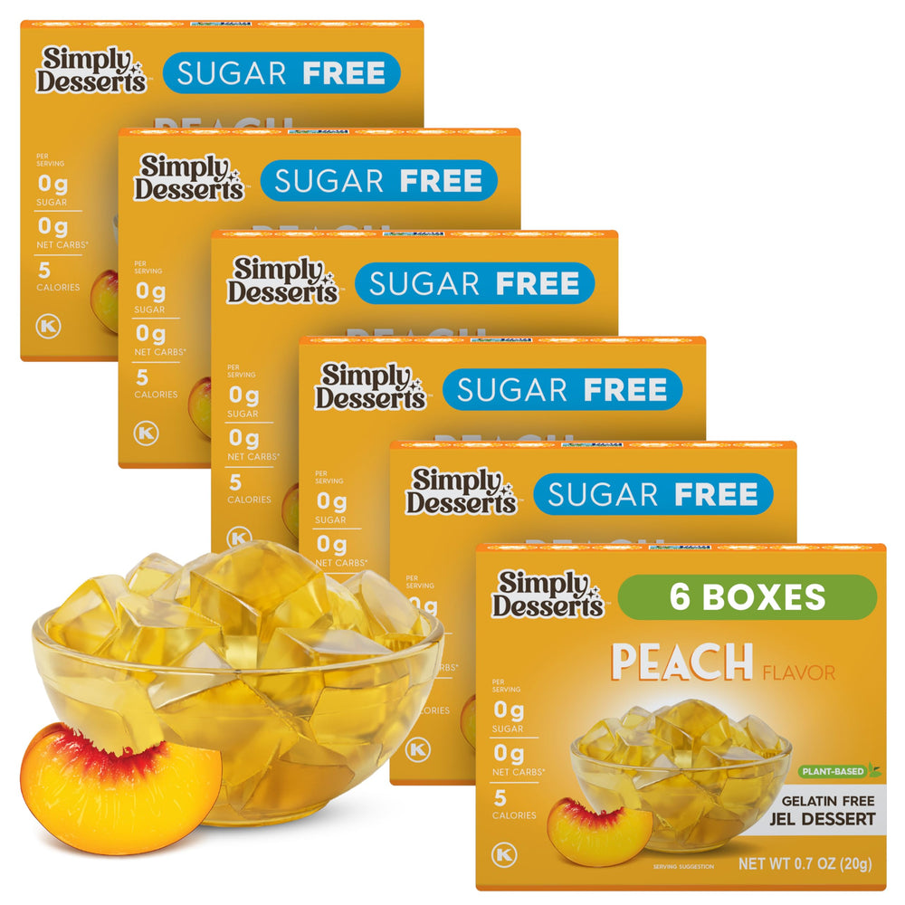 Simply Delish Peach Jel 6-pack front view, convenient plant-based dessert option
