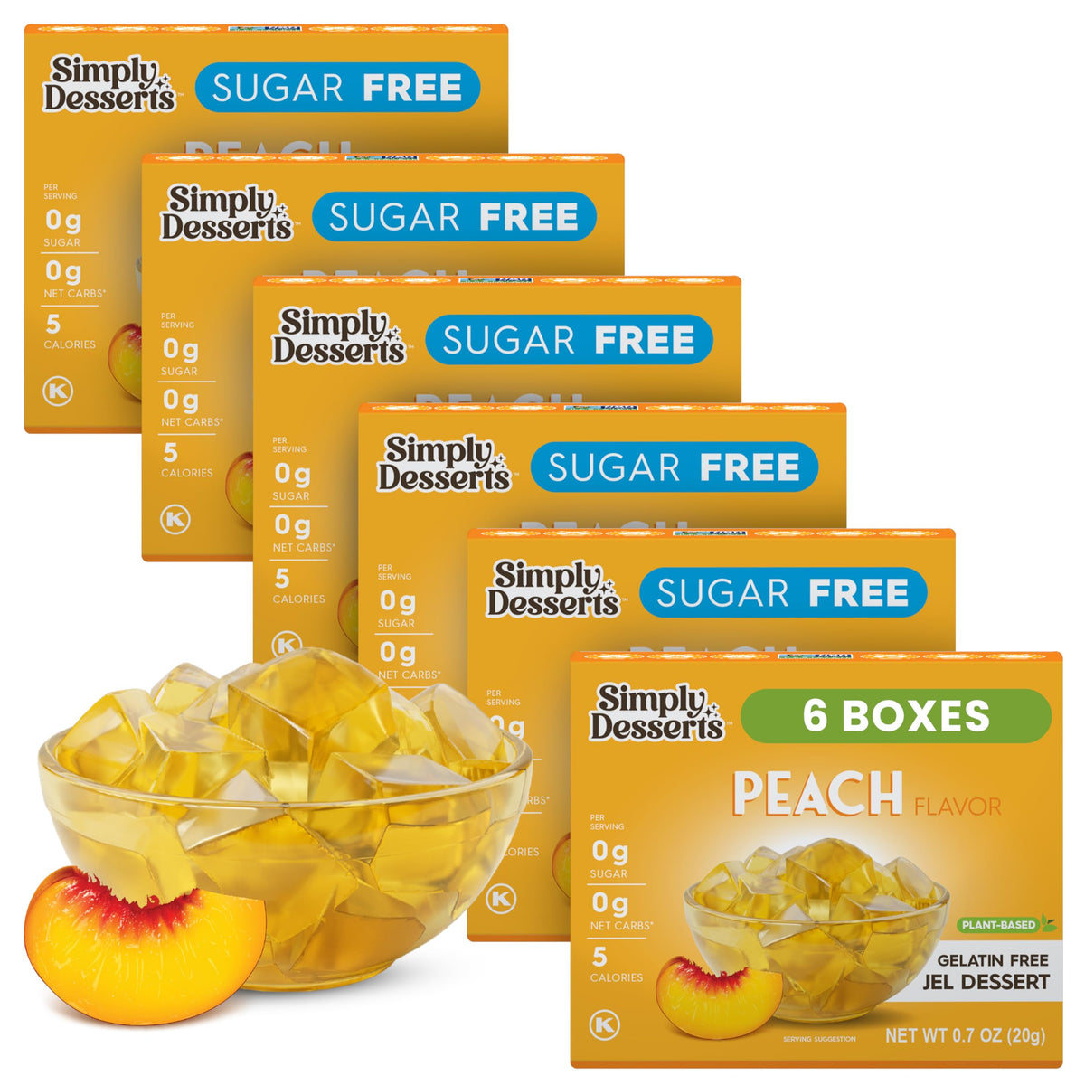 Simply Delish Peach Jel 6-pack front view, convenient plant-based dessert option