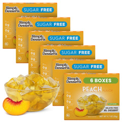 Simply Delish Peach Jel 6-pack front view, convenient plant-based dessert option