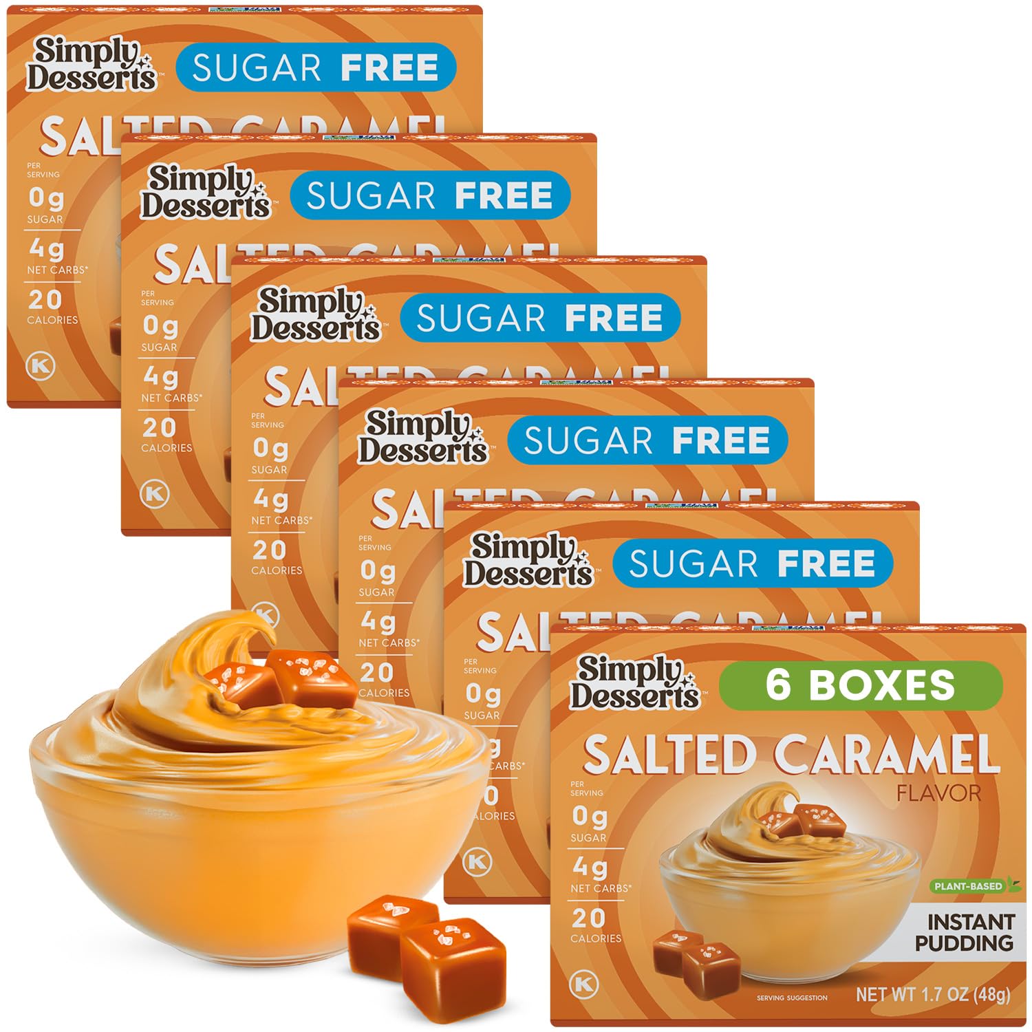 Simply Delish Salted Caramel Pudding packaging front highlights sugar-free indulgence
