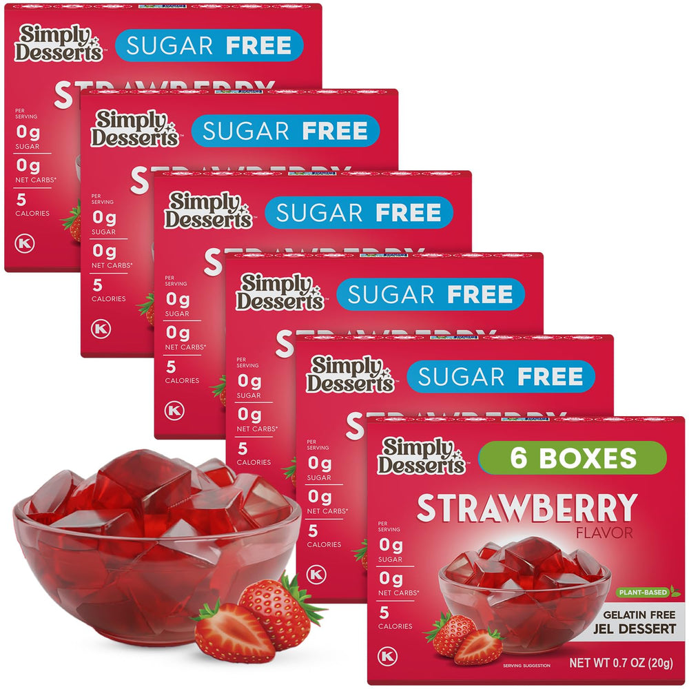 Simply Delish Strawberry Jel 6-pack box ready for quick vegan dessert