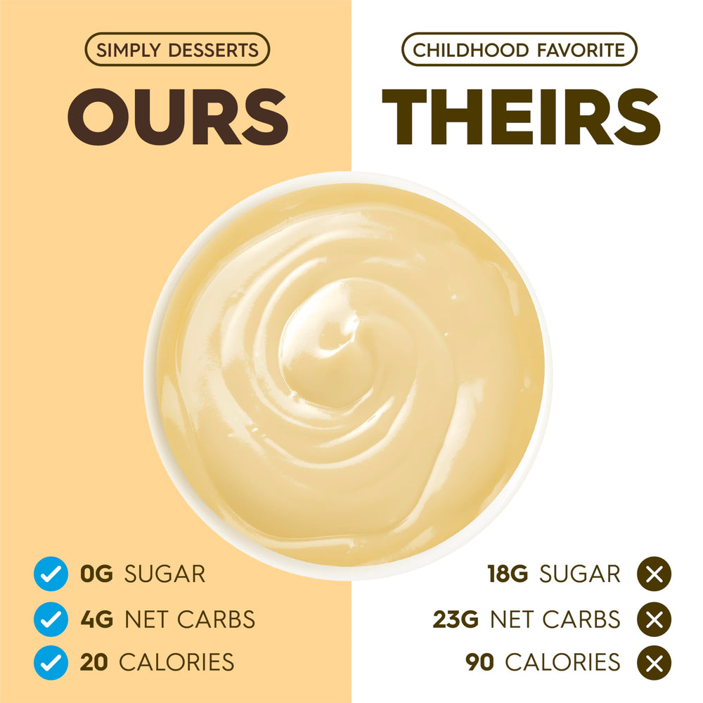 Simply Delish vegan pudding indicates dairy-free plant-based dessert option.