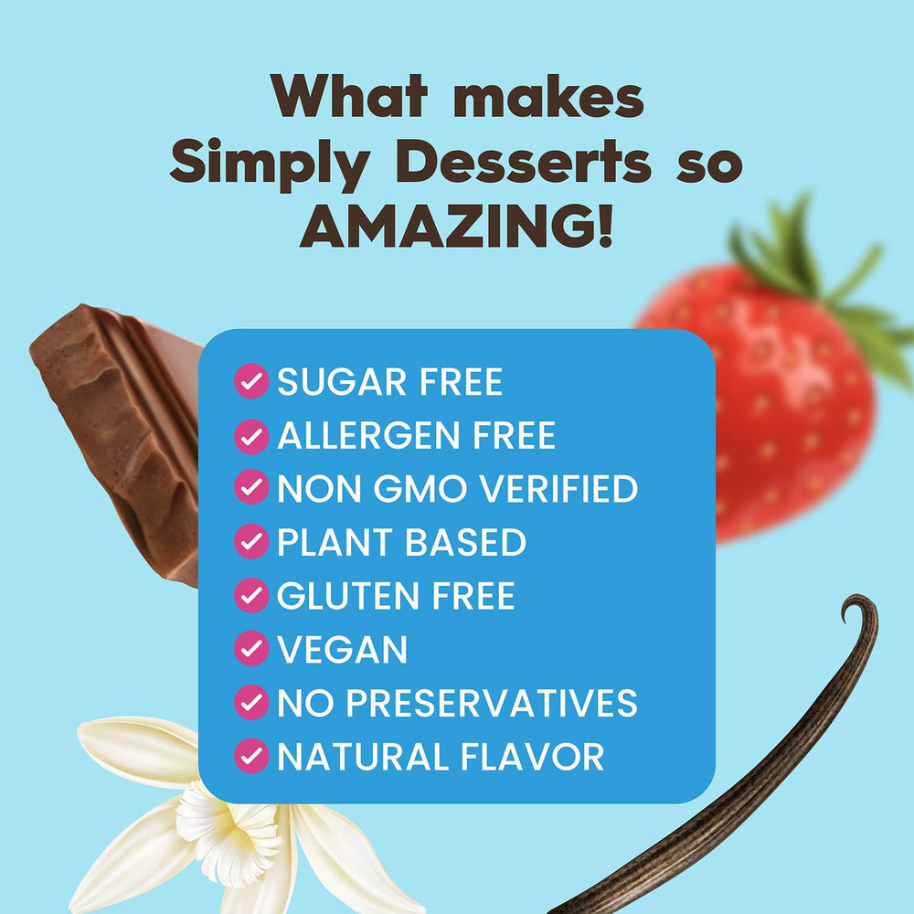 Simply Desserts non-GMO label closeup emphasizes clean ingredients.