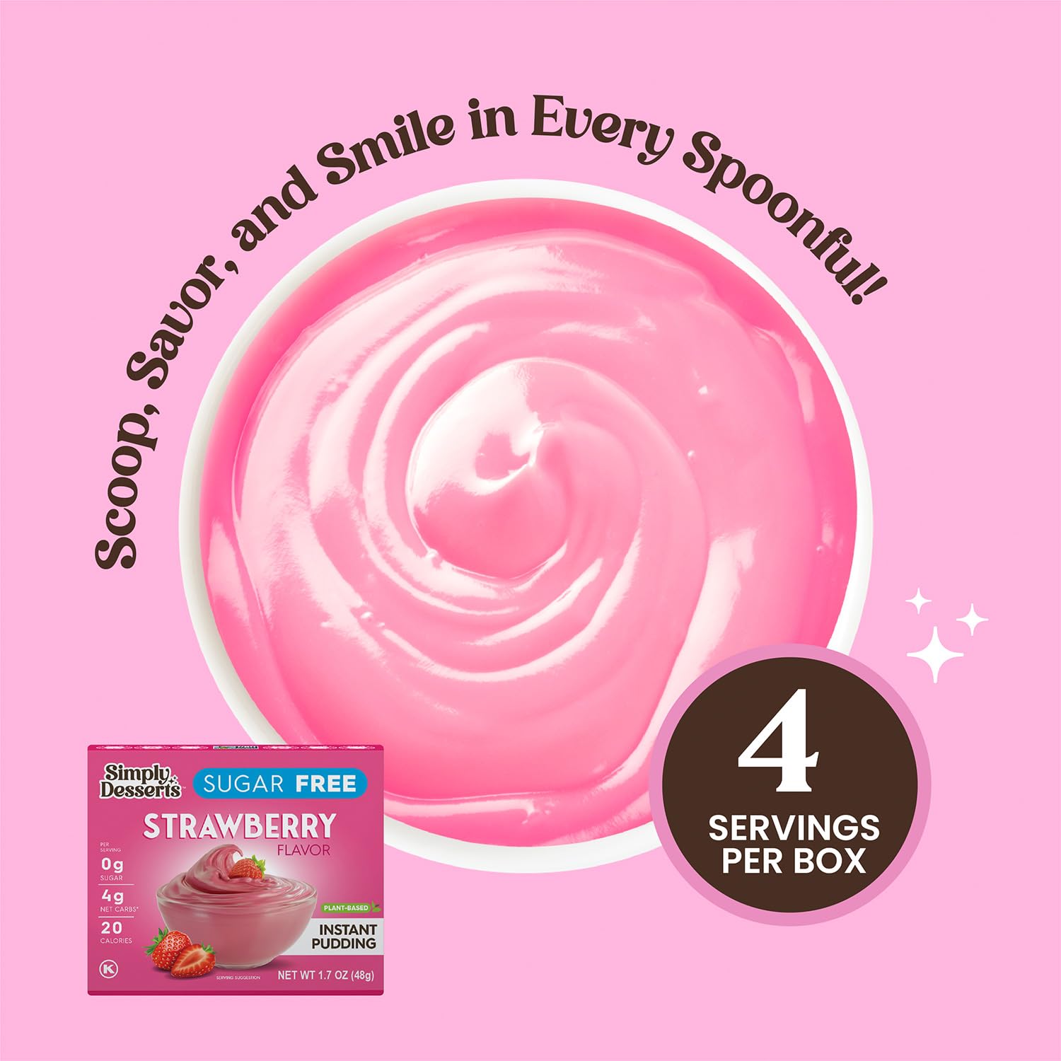 Simply Desserts Strawberry Pudding ingredients close-up suggests clean, non-GMO formulation.