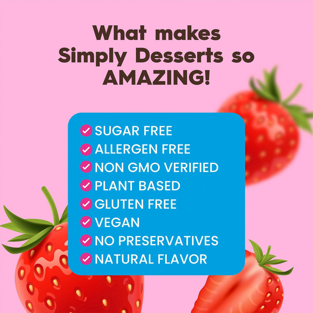 Simply Desserts Strawberry Pudding 6-pack display emphasizes convenient snacking options.