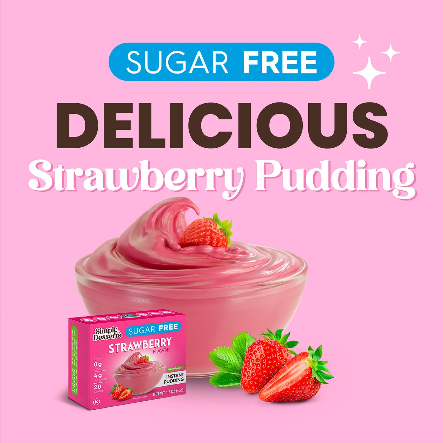 Simply Desserts Strawberry Pudding milk-mix depicts vegan dessert preparation.