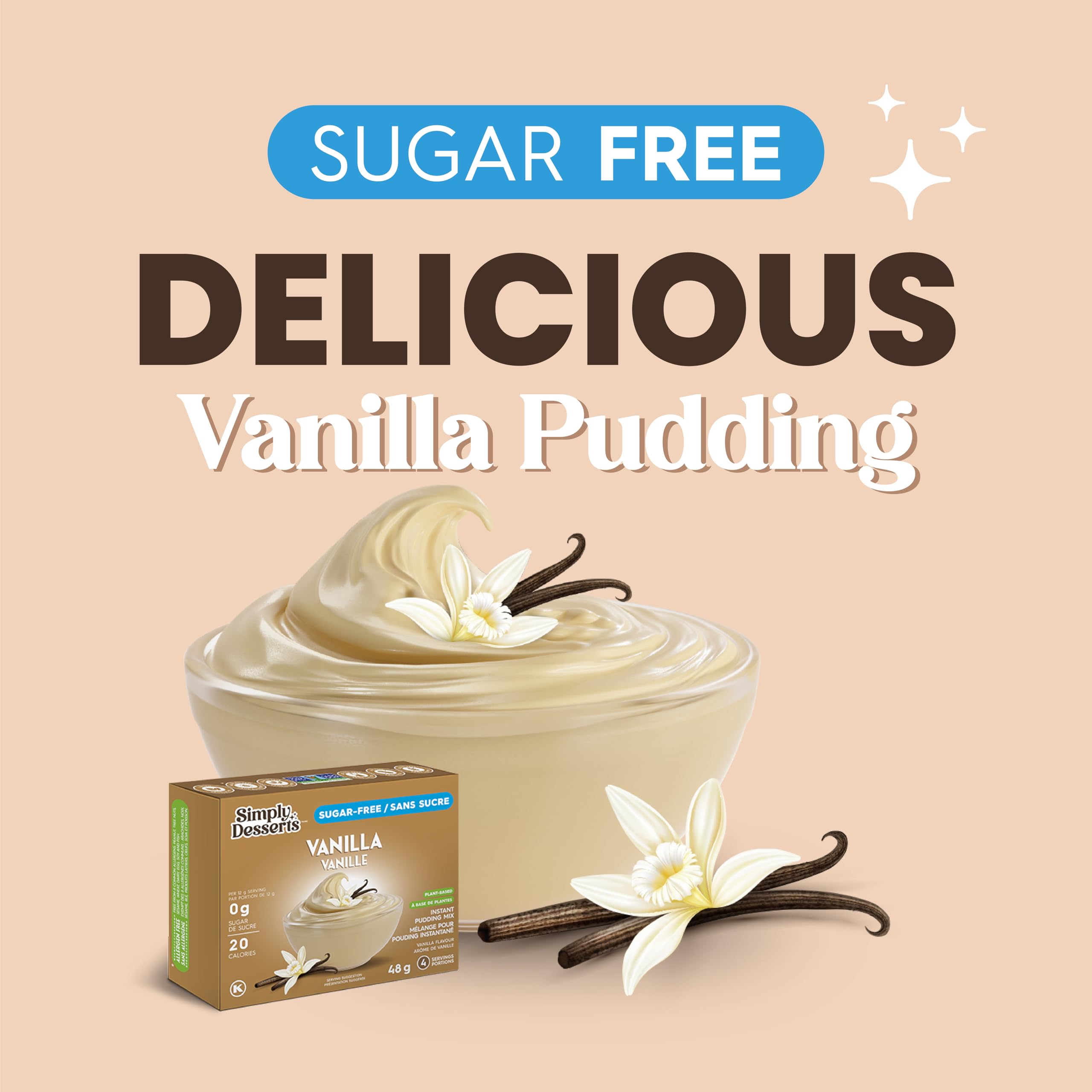 Simply Desserts Vanilla Pudding mix image emphasizes allergen-free formula.