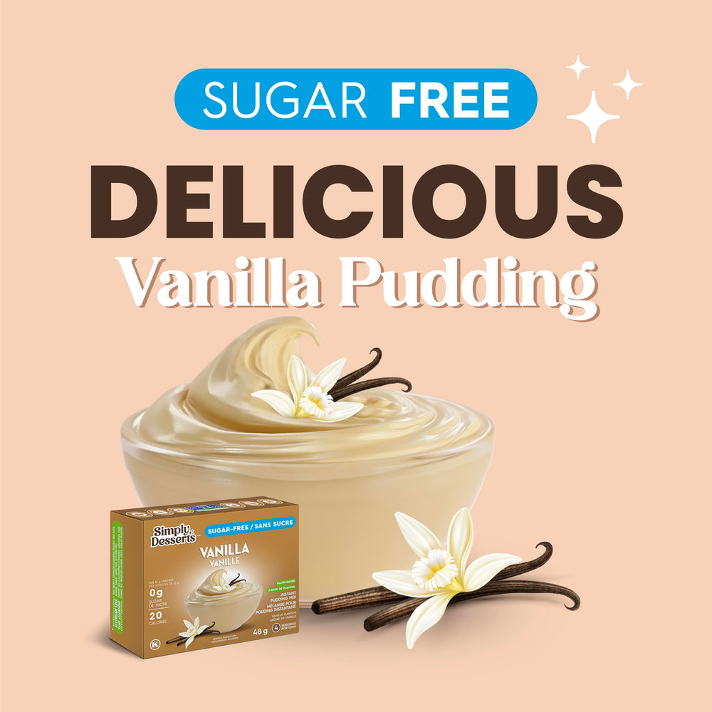 Simply Desserts Vanilla Pudding mix image emphasizes allergen-free formula.