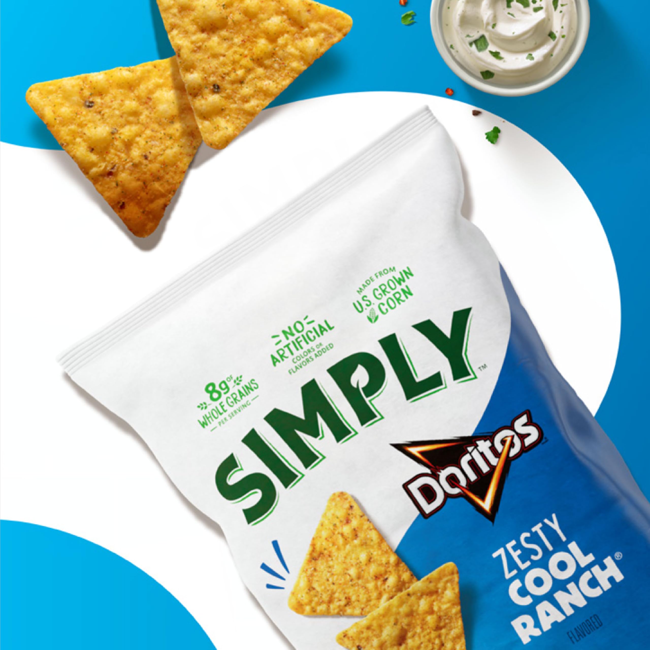 Simply Doritos White Cheddar Nacho close-up with cheesy coating