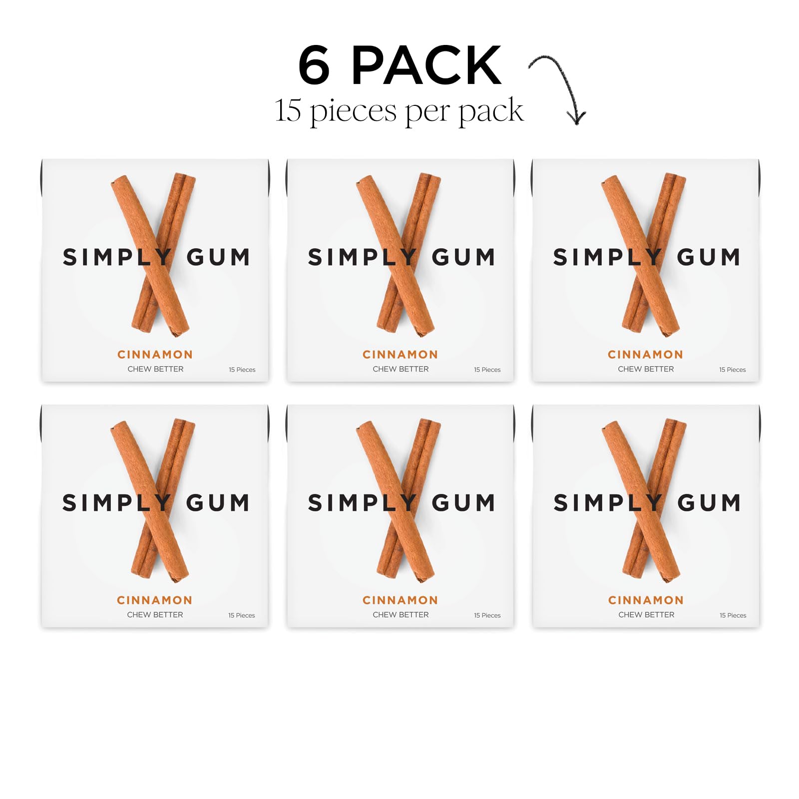 Stacked Simply Gum Cinnamon pieces demonstrate a 90-piece convenient supply.