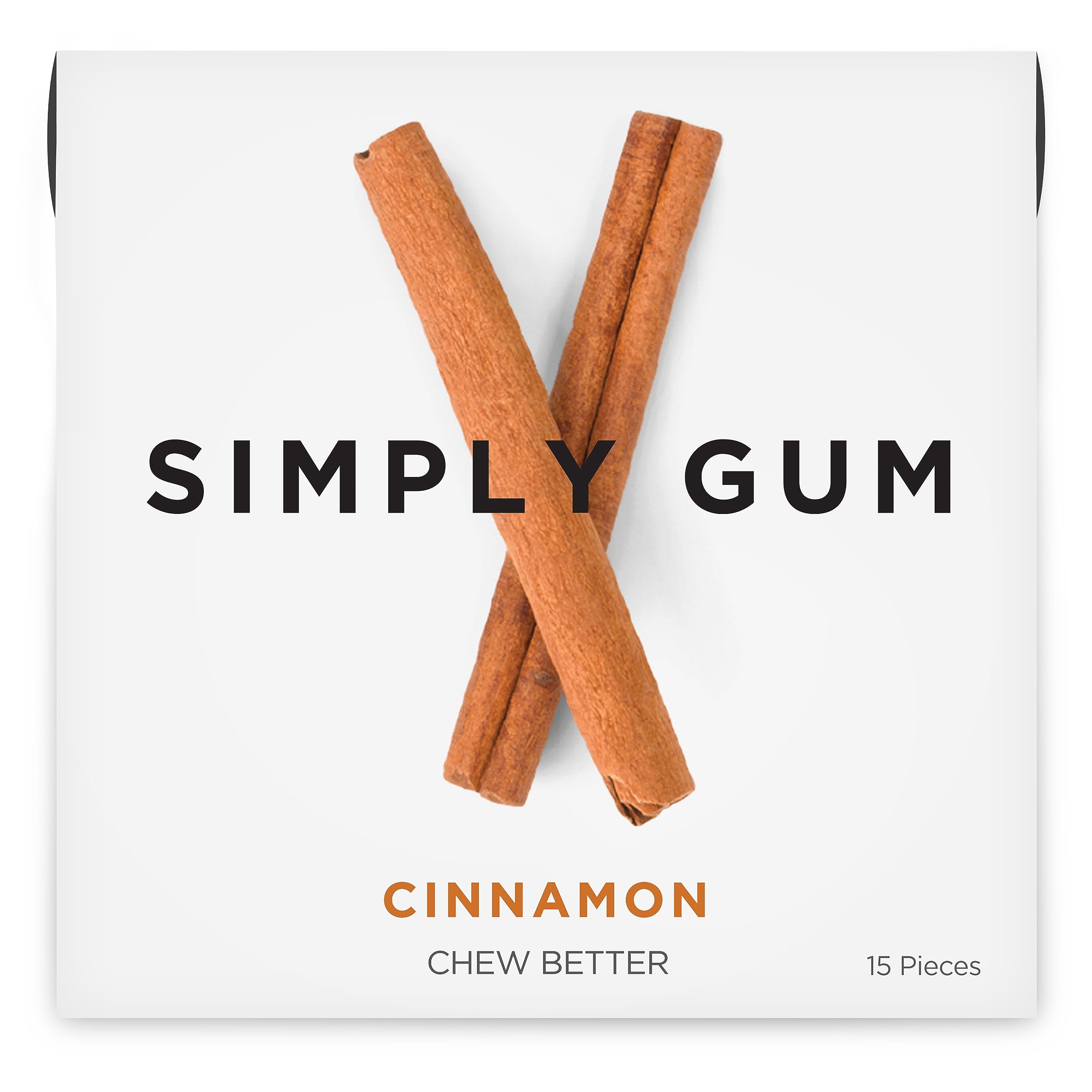 Simply Gum Cinnamon pack front shows plastic-free packaging for eco-friendly snacking.