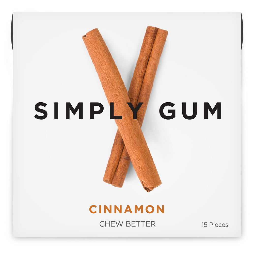 Simply Gum Cinnamon pack front shows plastic-free packaging for eco-friendly snacking.