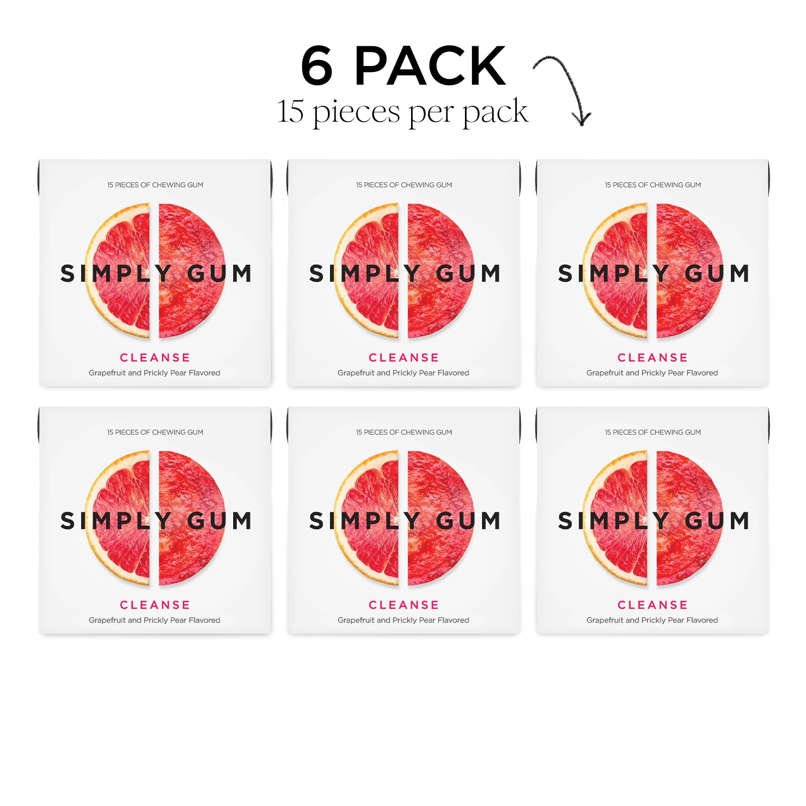 SIMPLY Gum Cleanse grapefruit prickly pear flavor imagery suggests refreshing taste.