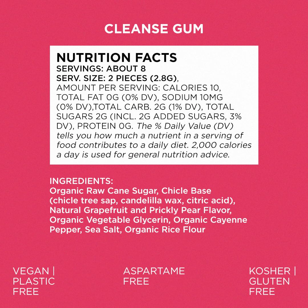 Ingredient banner for Simply Gum Cleanse shows chicle base and organic sugar.