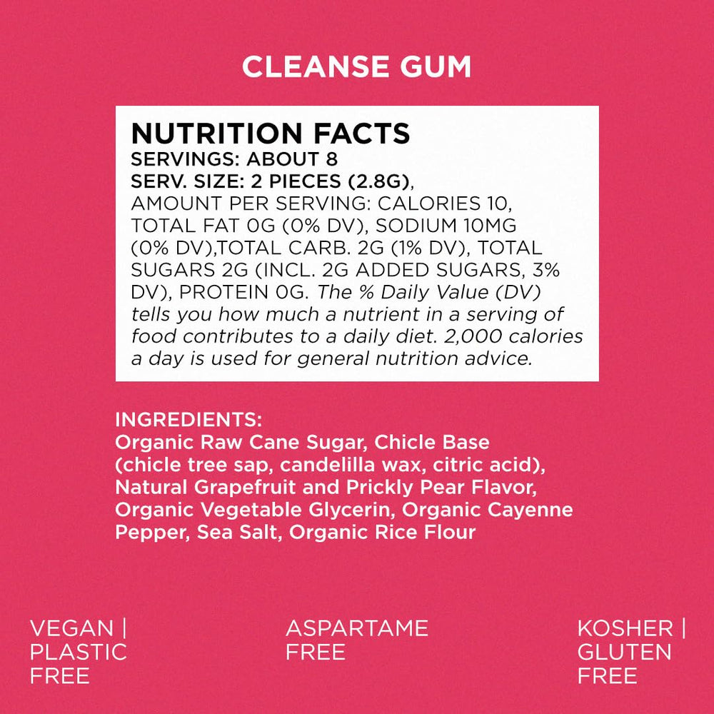 Ingredient banner for Simply Gum Cleanse shows chicle base and organic sugar.