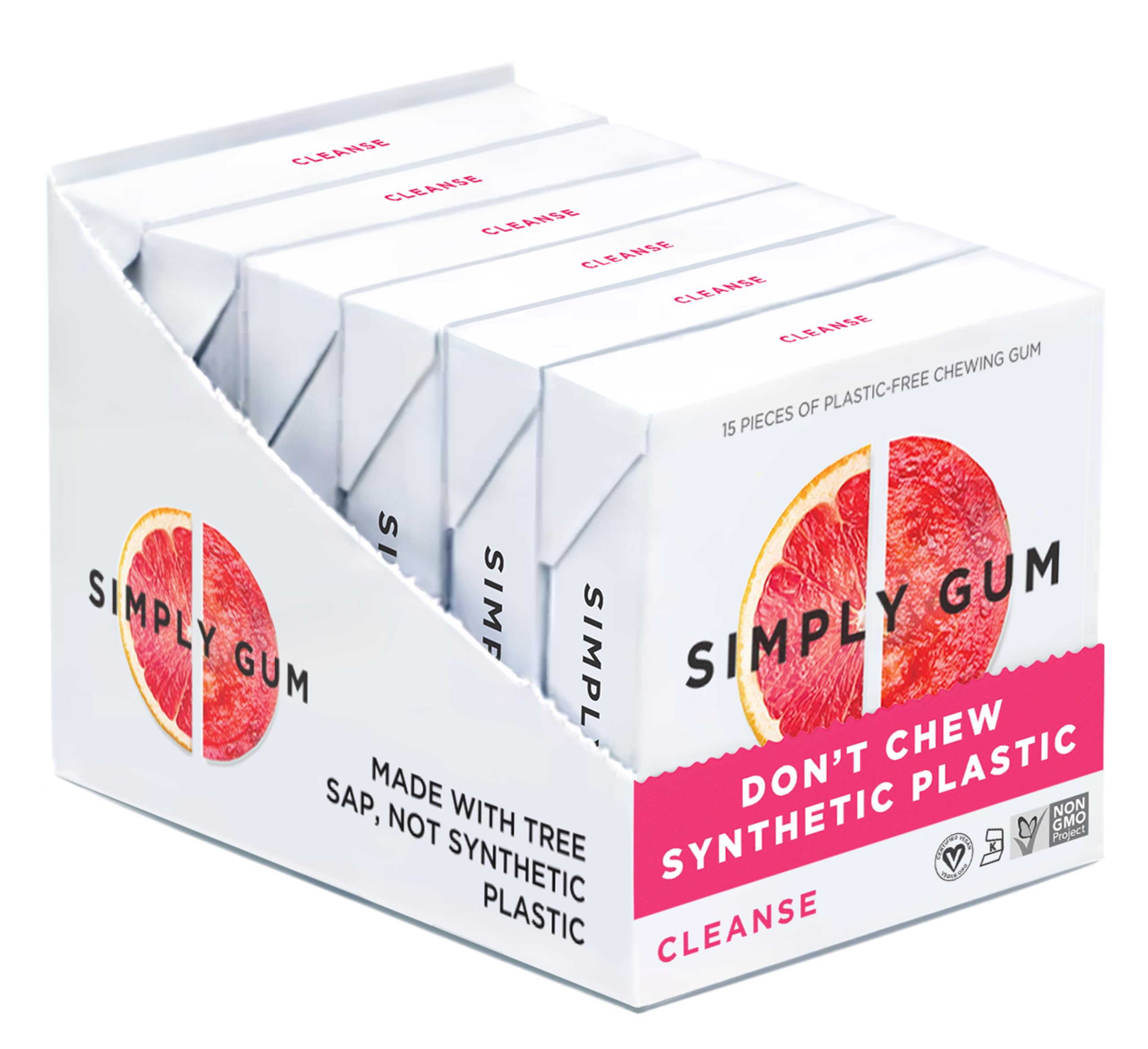 Simply Gum Cleanse grapefruit-prickly-pear pack on a clean surface showing plastic-free design.