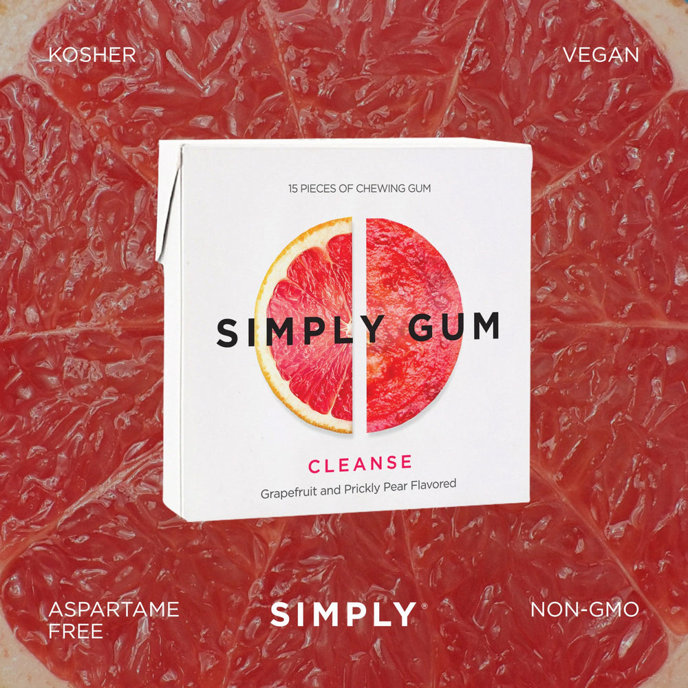Eco-friendly packaging of Simply Gum Cleanse grapefruit-prickly-pear reflects plastic-free commitment.