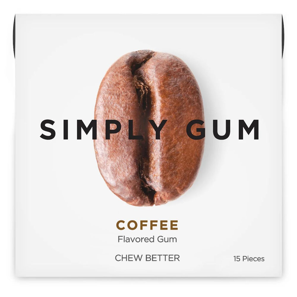 SIMPLY Gum Coffee packaging showcases a plastic-free, eco-friendly design for everyday chewing