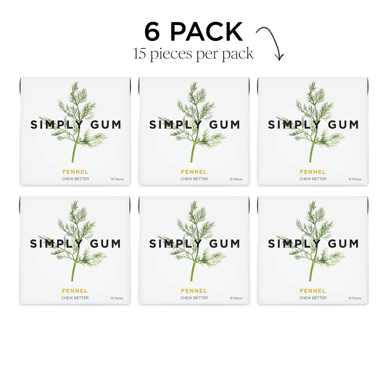 Six-pack SIMPLY Gum fennel display for on-the-go freshness.