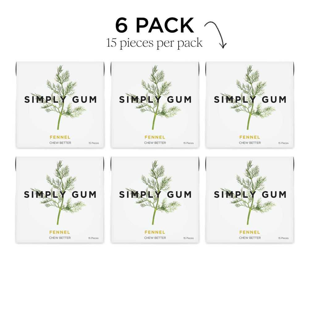Six-pack SIMPLY Gum fennel display for on-the-go freshness.