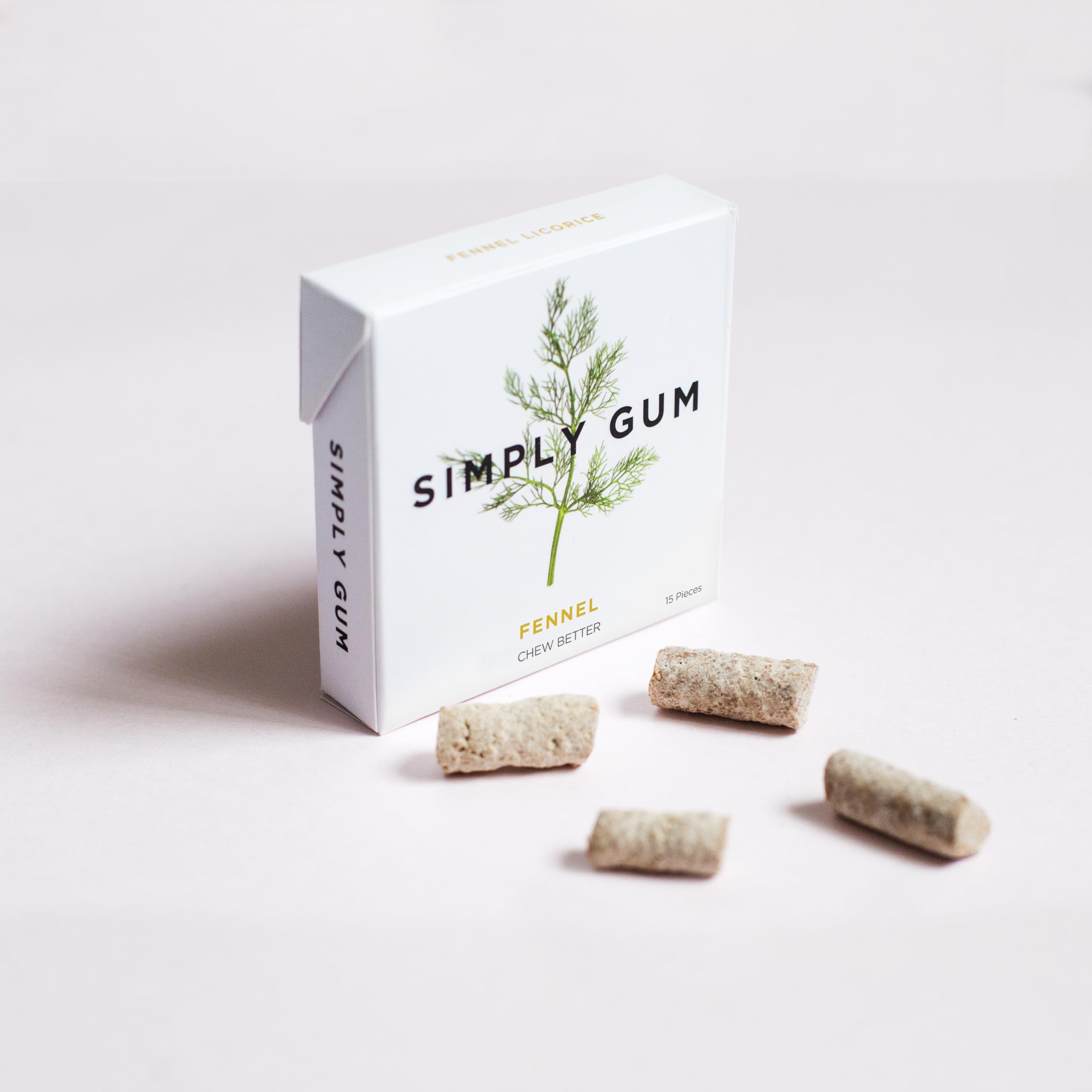 A person chews SIMPLY Gum fennel for fresh breath.