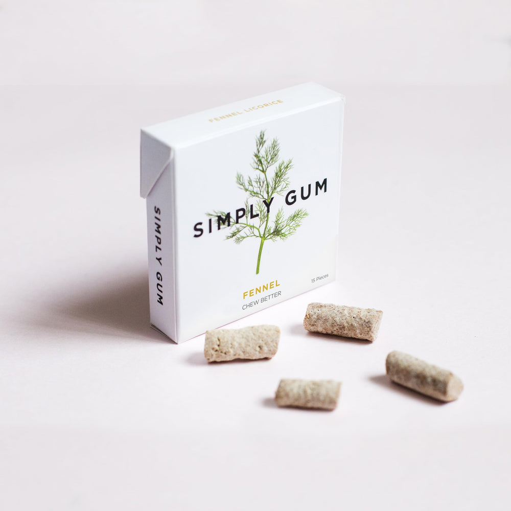 A person chews SIMPLY Gum fennel for fresh breath.