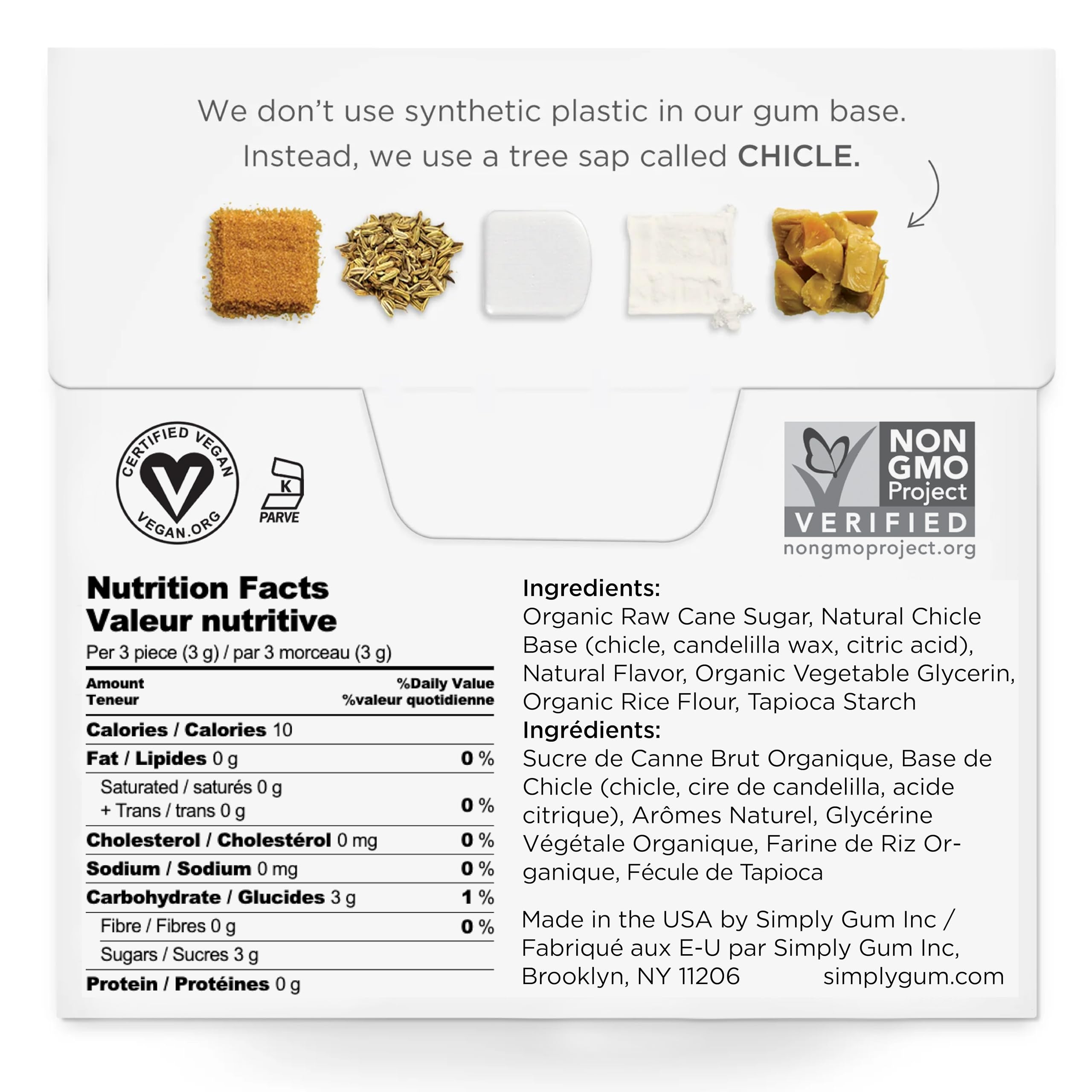 SIMPLY Gum fennel back panel with ingredients and certifications.