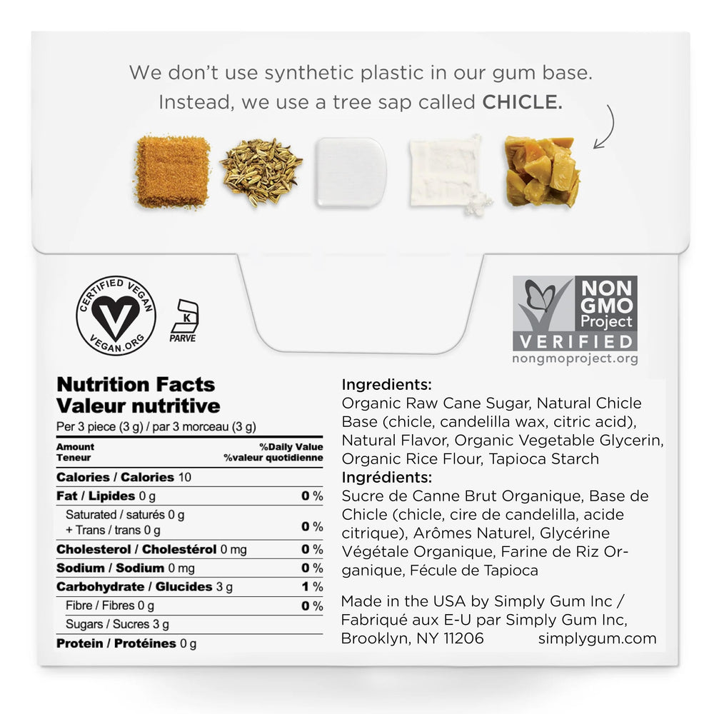 SIMPLY Gum fennel back panel with ingredients and certifications.