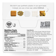 SIMPLY Gum fennel back panel with ingredients and certifications.