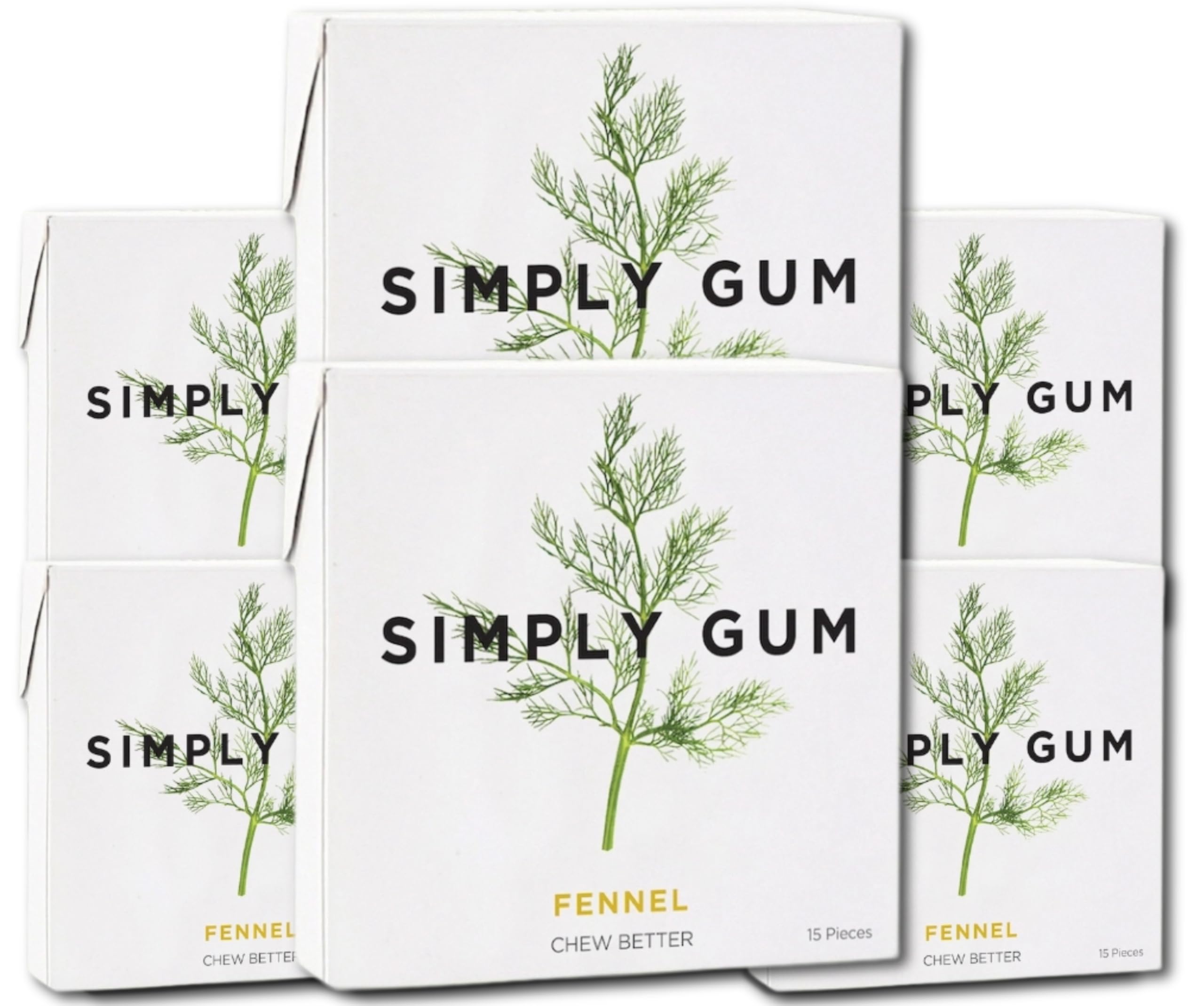 SIMPLY Gum fennel pack front shows plastic-free packaging and natural flavor.
