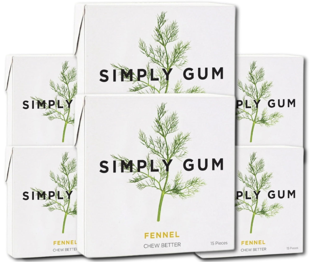 SIMPLY Gum fennel pack front shows plastic-free packaging and natural flavor.